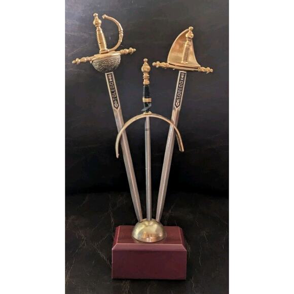 Vintage TOLEDO Spanish Damascene 2 Small Sword Cocktail Picks with Stand - Picture 3 of 11